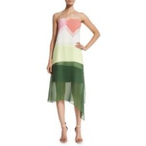 Tibi Women Color Block Green, Beige Pink 100% Silk Chiffon Midi Dress size 4